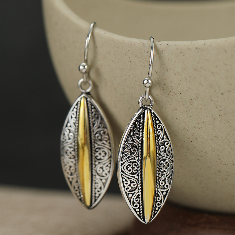 Women's Vintage Silvery Leaf Dangle Earrings, Two-Tone Pendant